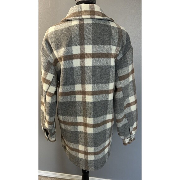 Fore Gray White Brown Plaid Button Up Wool Blend Flannel Shacket Woman's Size XS - Picture 3 of 8